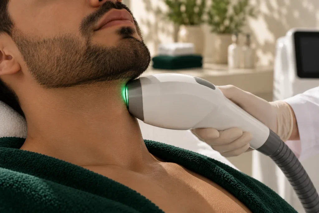Passage du laser sur le cou, sous la ligne de la barbe, chez un homme à la barbe courte