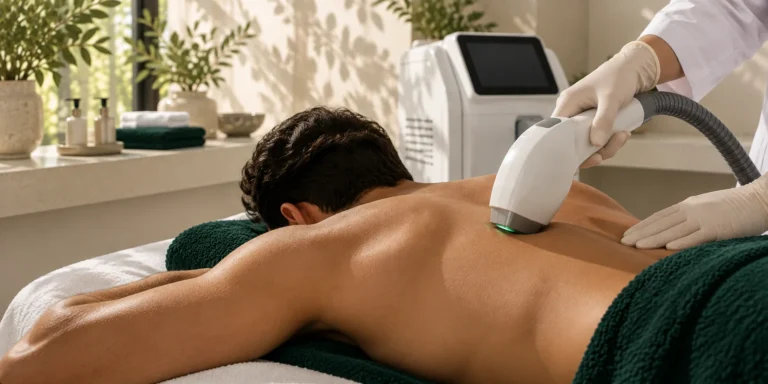 Pièce à main du laser sur l'épaule d'un homme allongé, dans une salle de soin lumineuse