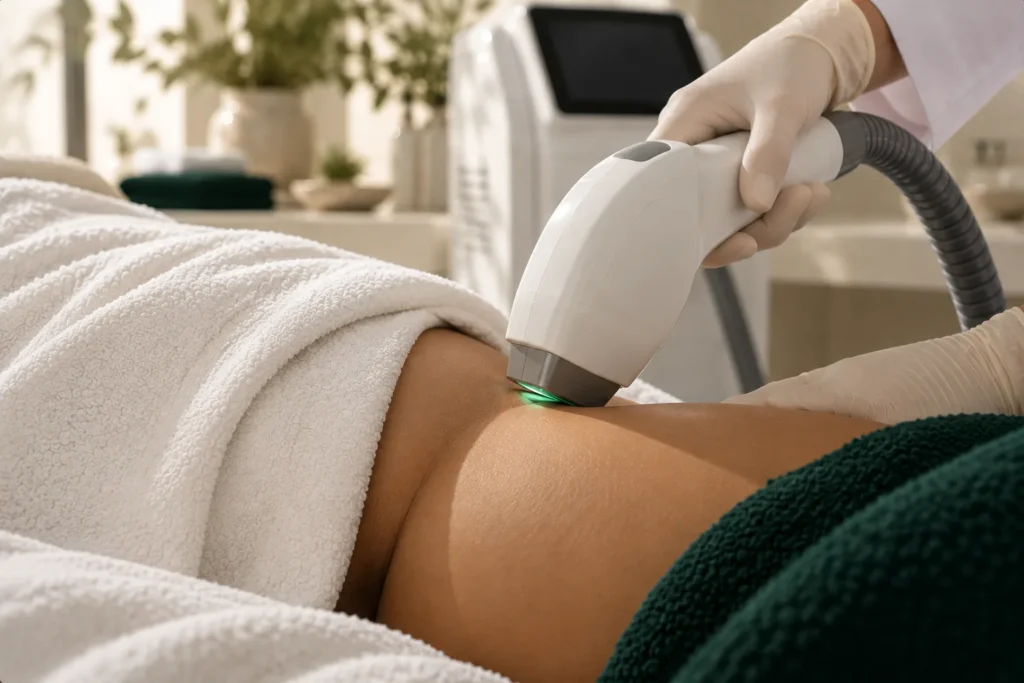Pièce à main du laser sur le haut de la cuisse, serviette drapée sur la hanche