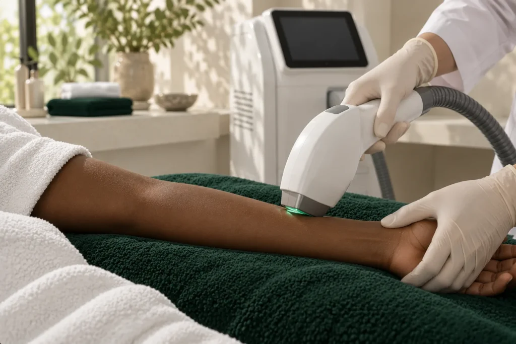 Test du laser sur une petite zone de la jambe avant une épilation laser sur peau foncée