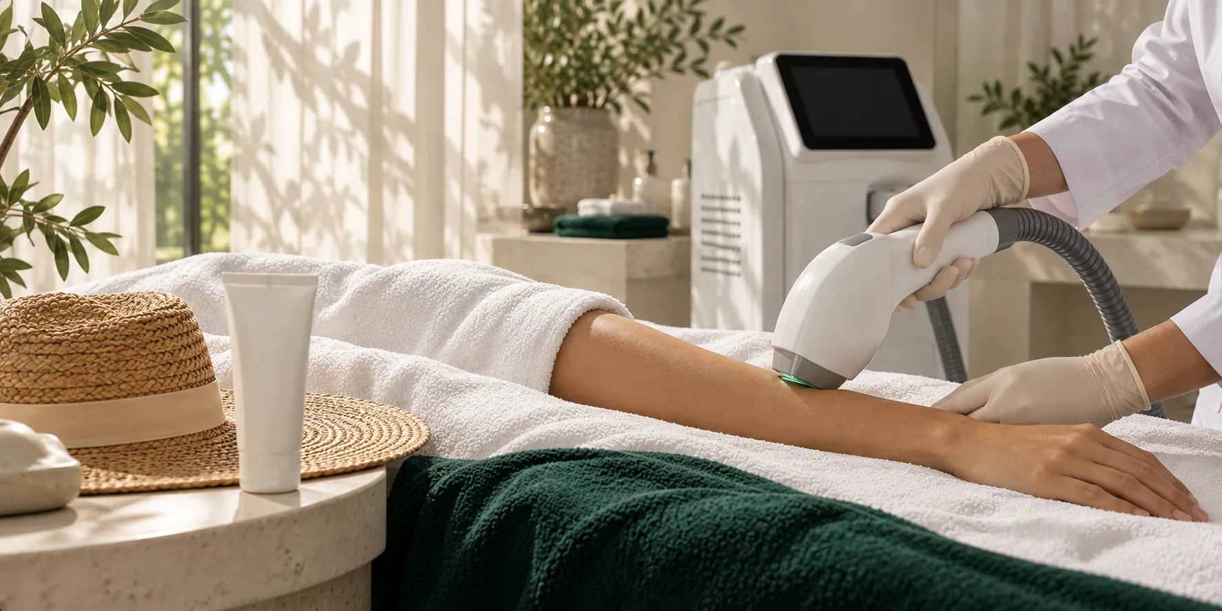 Séance de laser sur l'avant-bras dans une salle baignée de lumière, chapeau de soleil et écran solaire sur une table