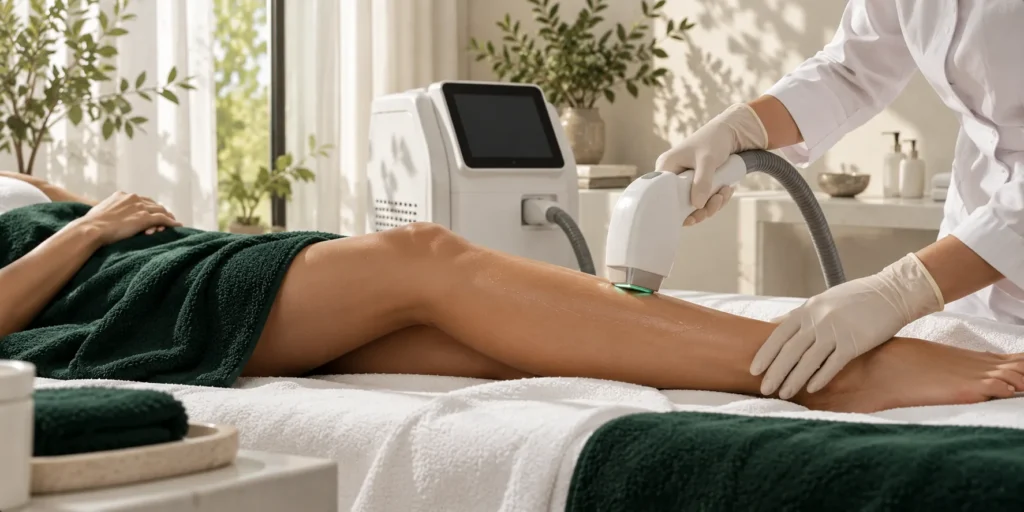 Séance de laser sur la jambe d'une patiente allongée sous une serviette verte, dans une salle de soin lumineuse